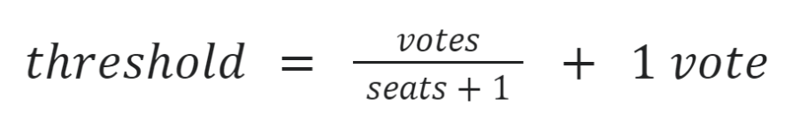 An equation: threshold = votes / (seats + 1) + 1 vote