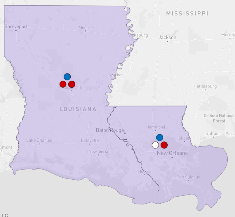 Map of Louisiana divided into two districts, with three circles in each.