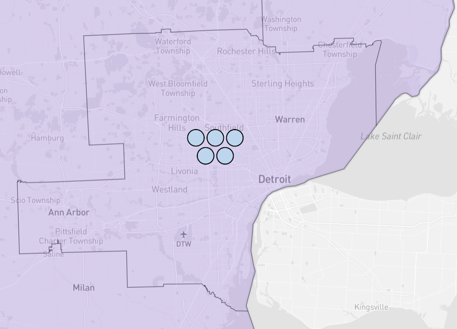 Map of the Detroit area, showing the entire region within a single district, with five dots inside it, indicating that it would elect five representatives.