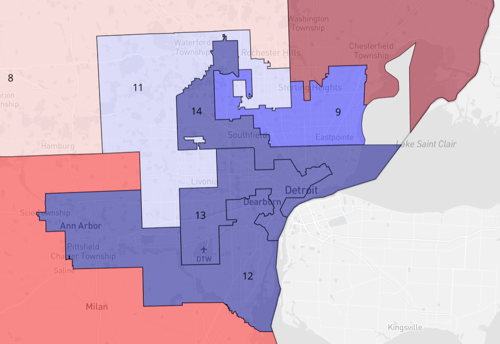 Map of the Detroit area, showing the congressional districts used there prior to 2022.