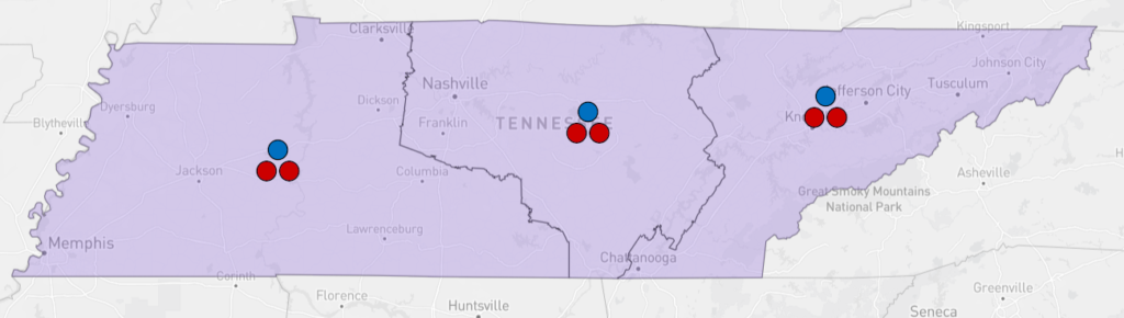 Map of Tennessee divided into three districts, with three dots in each district